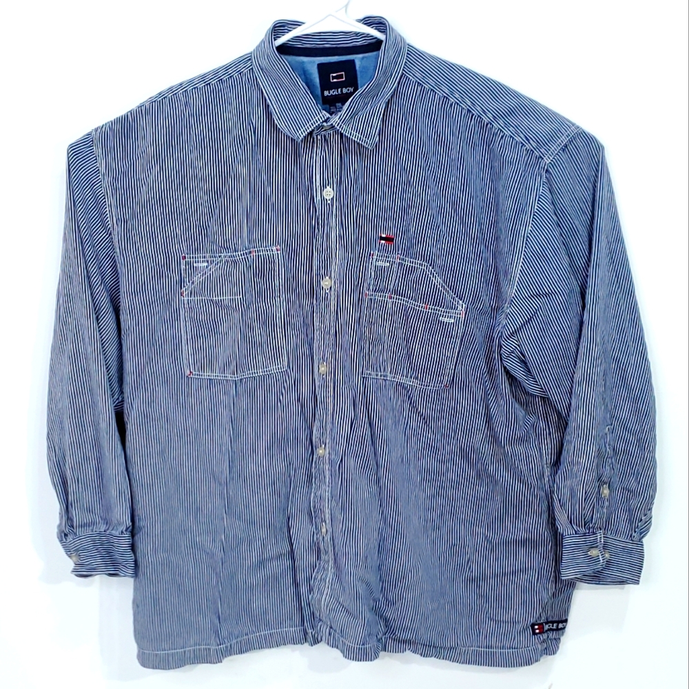 VTG BUGLE BOY JEAN COMPANY Striped Blue Button Down Mens Shirt 3XL 100% Cotton